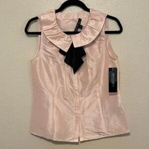 Lafayette 148 New York Silk Pink Sleeveless Blouse Ruffle Collar Bow Button Up